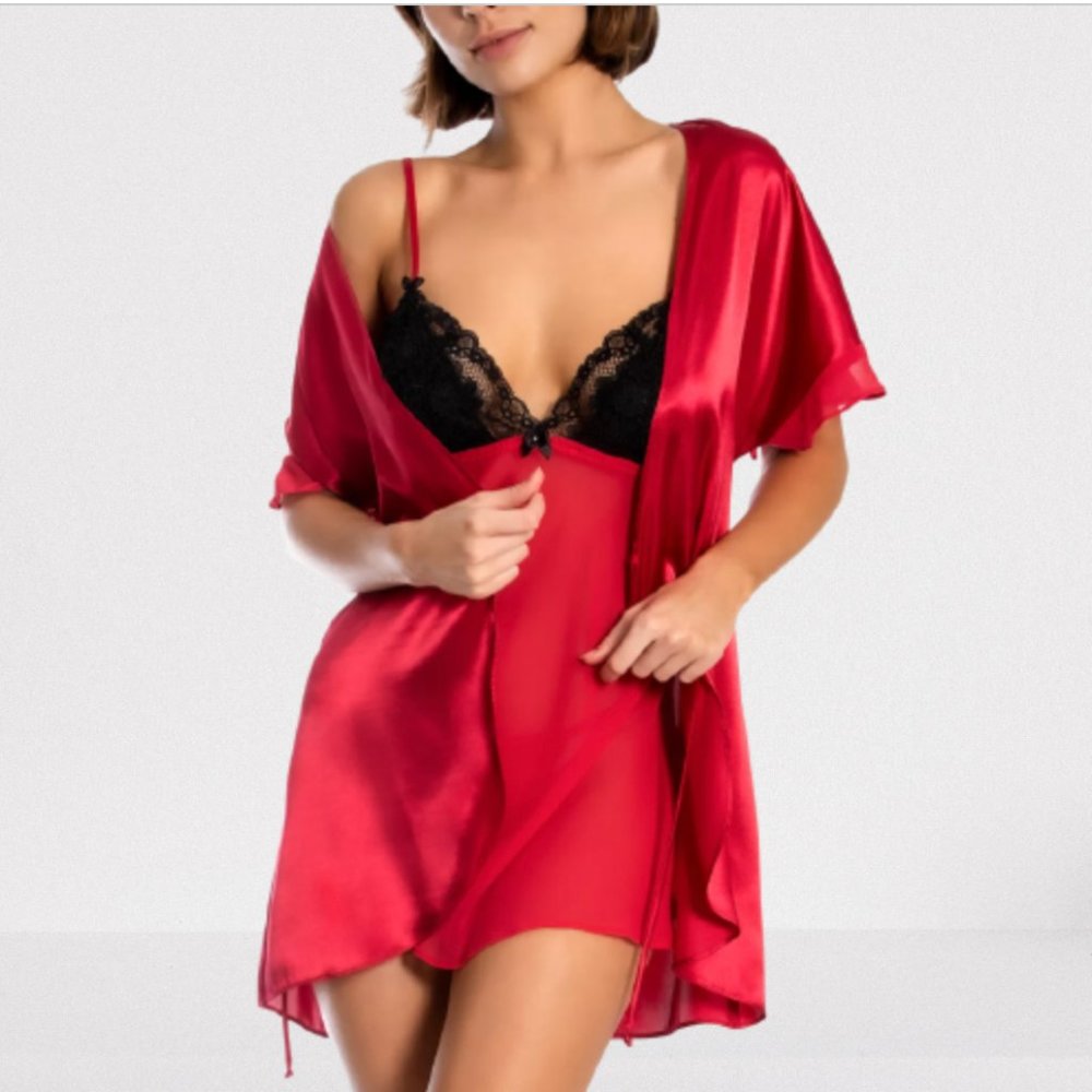 LINEA DONATELLA Babydoll Chemise & Wrap Robe 3pc Lingerie Set, Large NWT